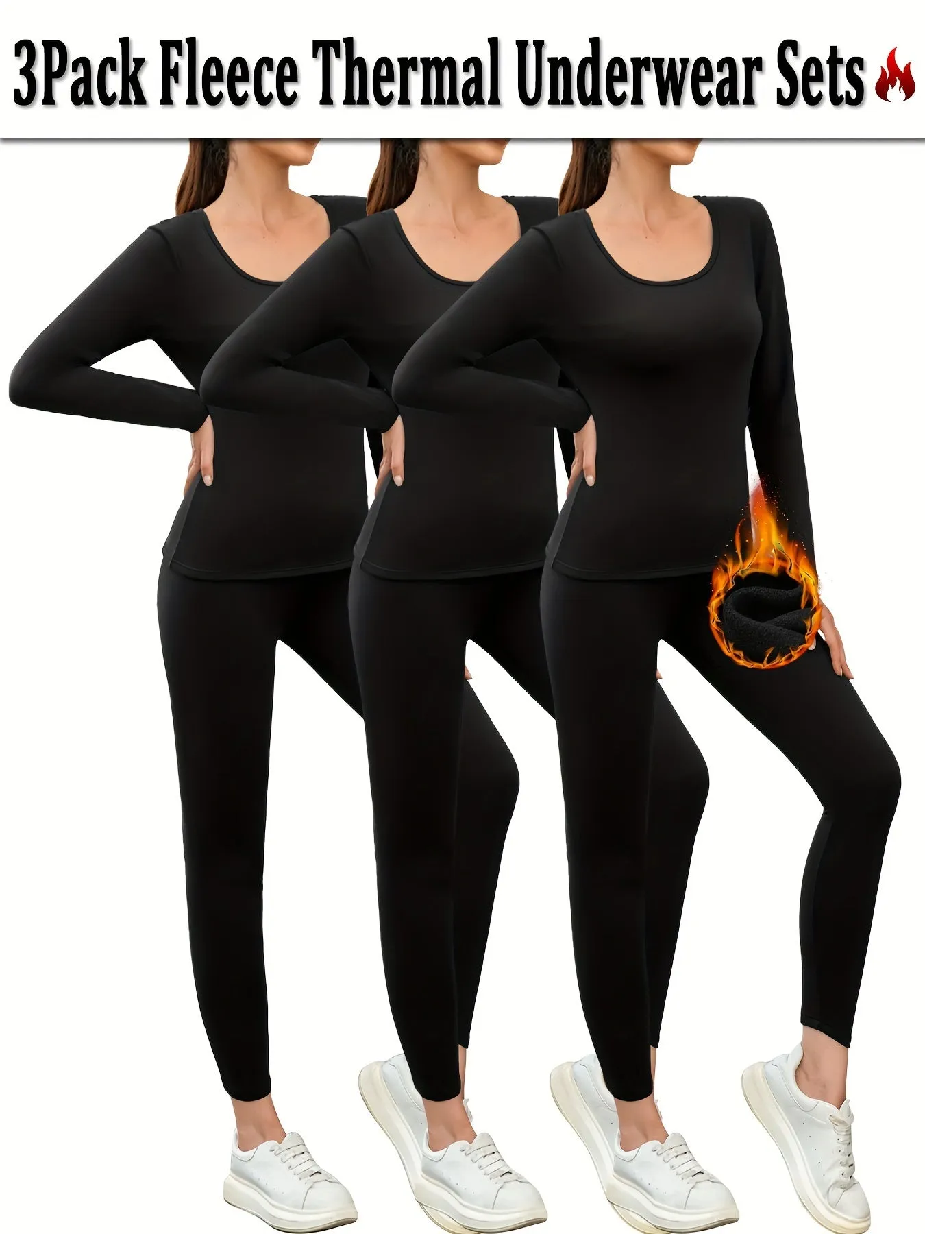 3-Pack Women's Thermal Fleece Underwear Sets - Solid Color, High Elasticity, Knit Fabric, Polyester - Warm Lined Top and Bottom Thermal Leggings for Workout, Running, Yoga, Loungewear, Winter Pajamas