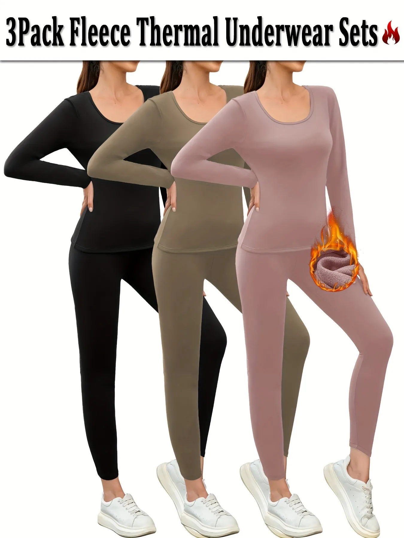 3-Pack Women's Thermal Fleece Underwear Sets - Solid Color, High Elasticity, Knit Fabric, Polyester - Warm Lined Top and Bottom Thermal Leggings for Workout, Running, Yoga, Loungewear, Winter Pajamas