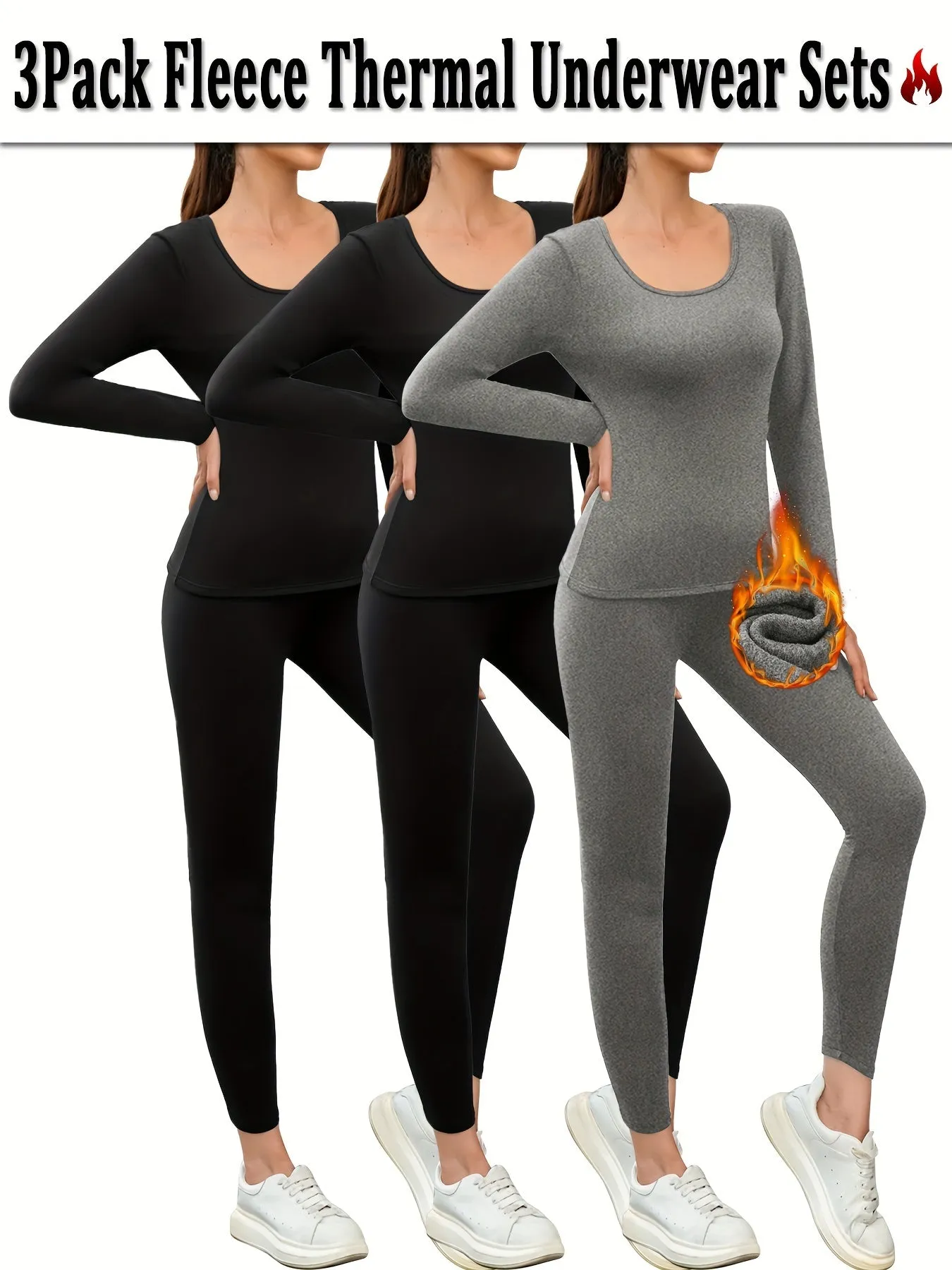 3-Pack Women's Thermal Fleece Underwear Sets - Solid Color, High Elasticity, Knit Fabric, Polyester - Warm Lined Top and Bottom Thermal Leggings for Workout, Running, Yoga, Loungewear, Winter Pajamas
