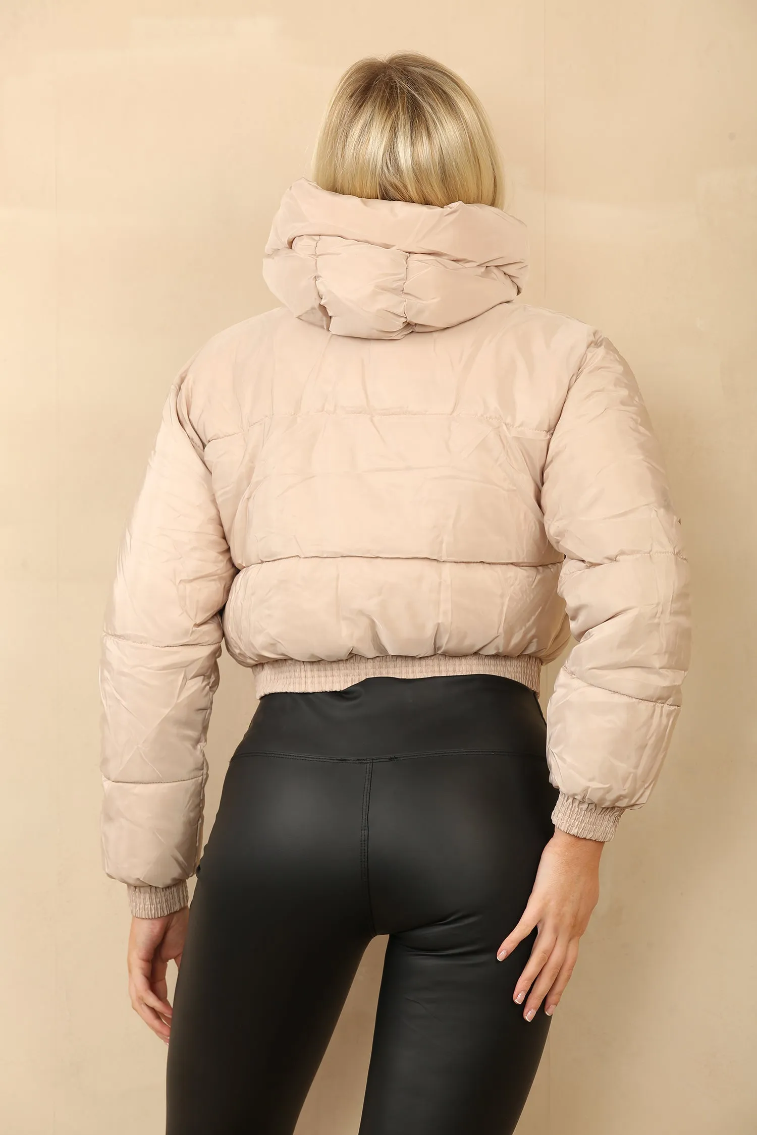 Beige Cropped Hooded Zip Puffer Jacket