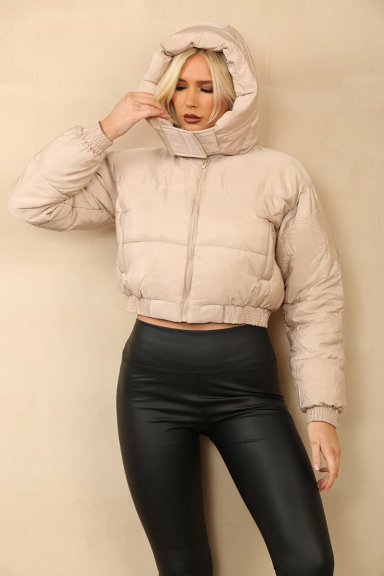 Beige Cropped Hooded Zip Puffer Jacket