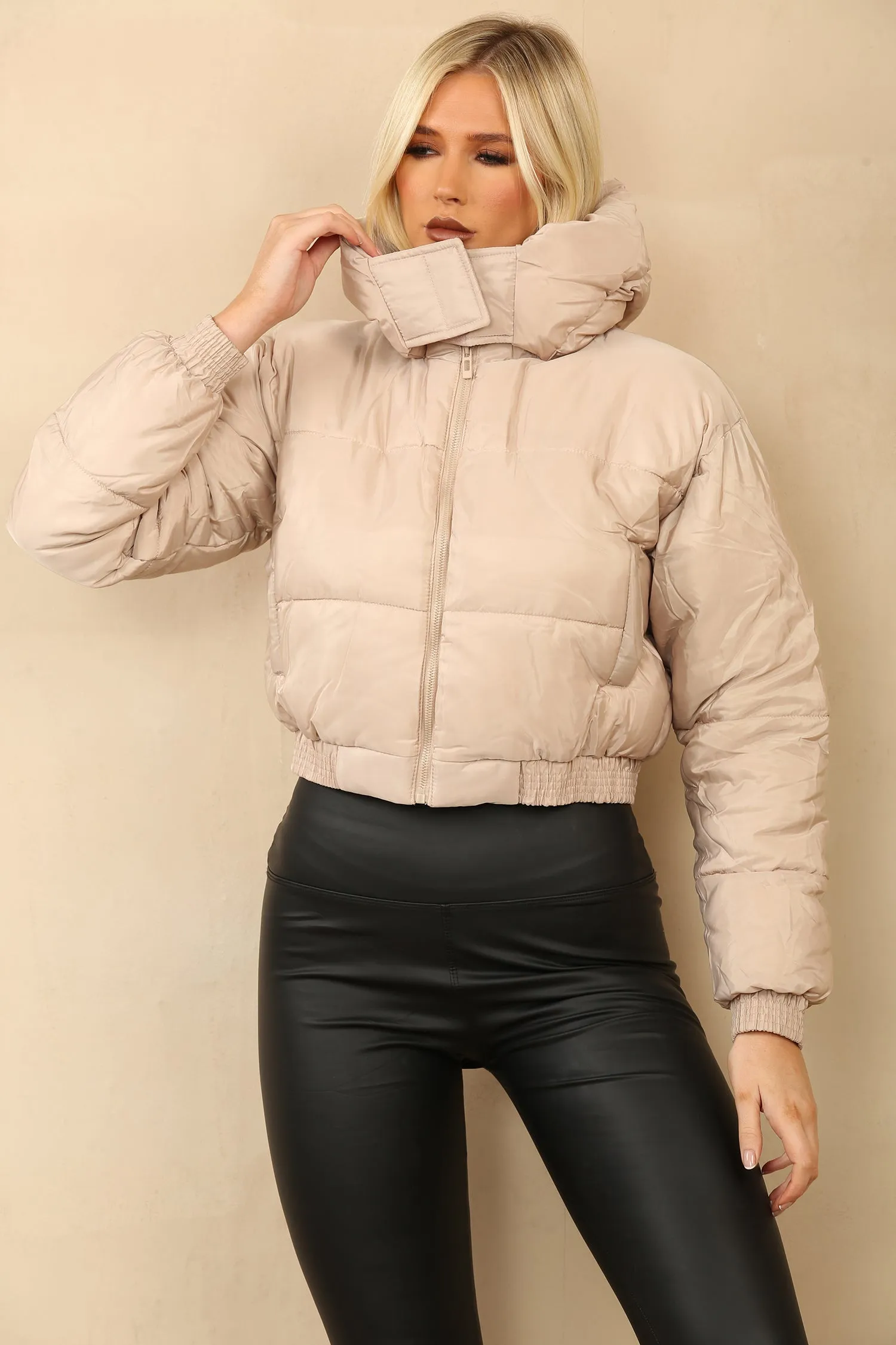 Beige Cropped Hooded Zip Puffer Jacket