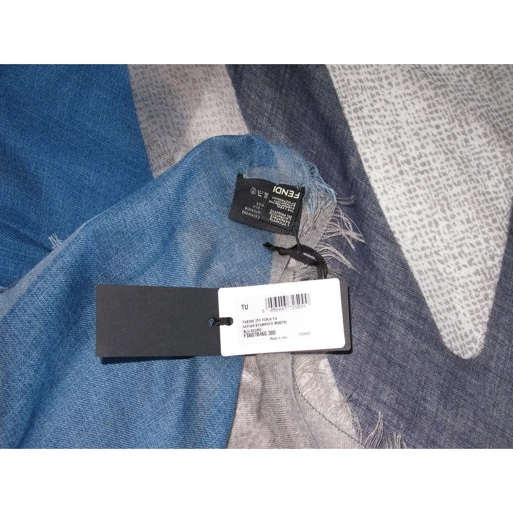 Fendi Blue/Grey Monster Cashmere Shawl 100cm NWT!