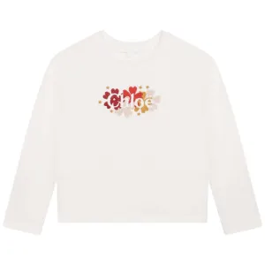 Girls White Flower Print  Long Sleeve T-Shirt