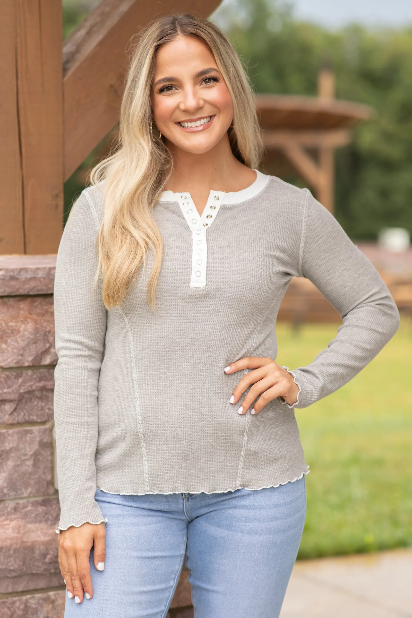 Heather Grey Thermal Henley Knit Top