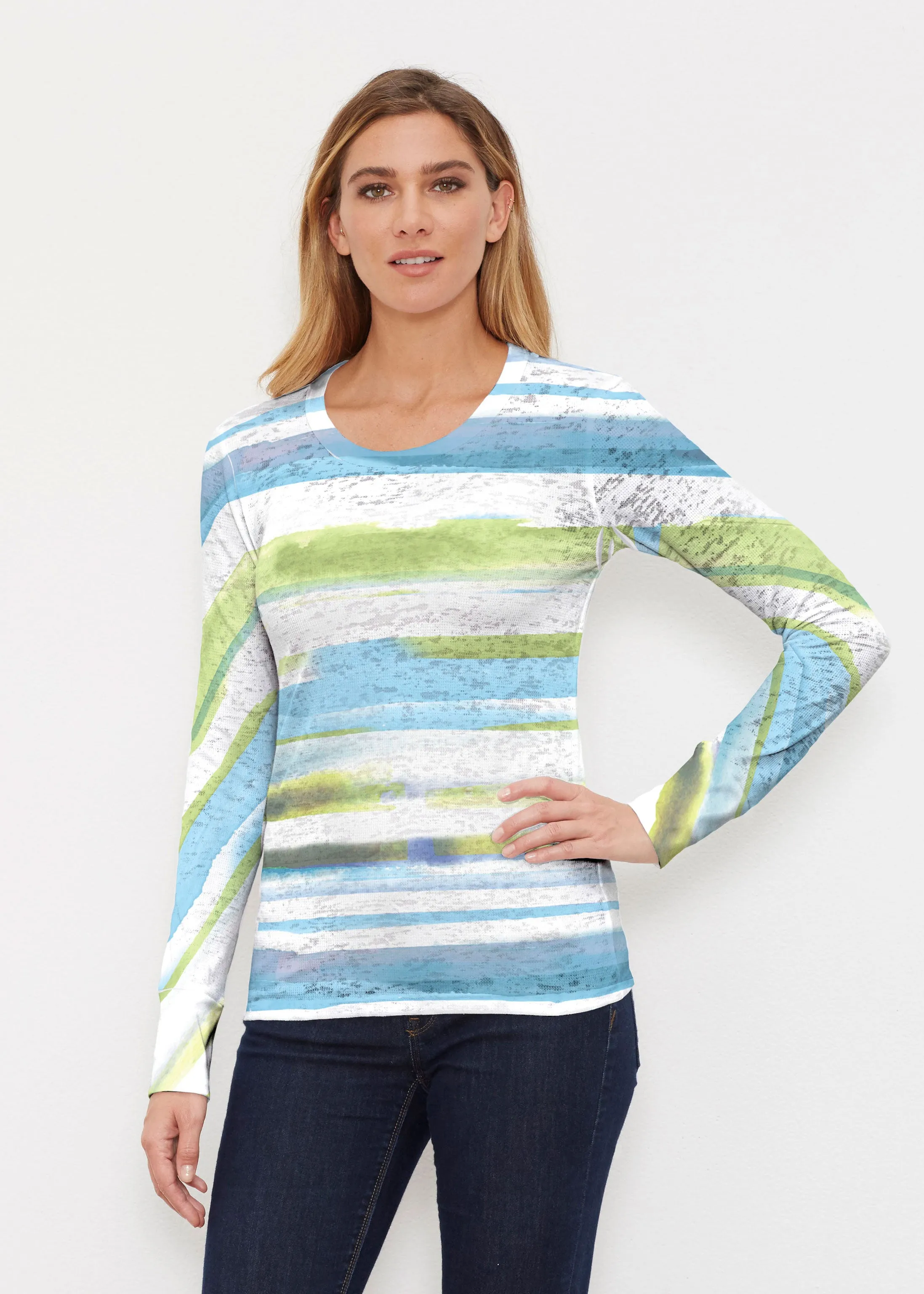 Multi Stripe Blue (7843) ~ Thermal Long Sleeve Crew Shirt