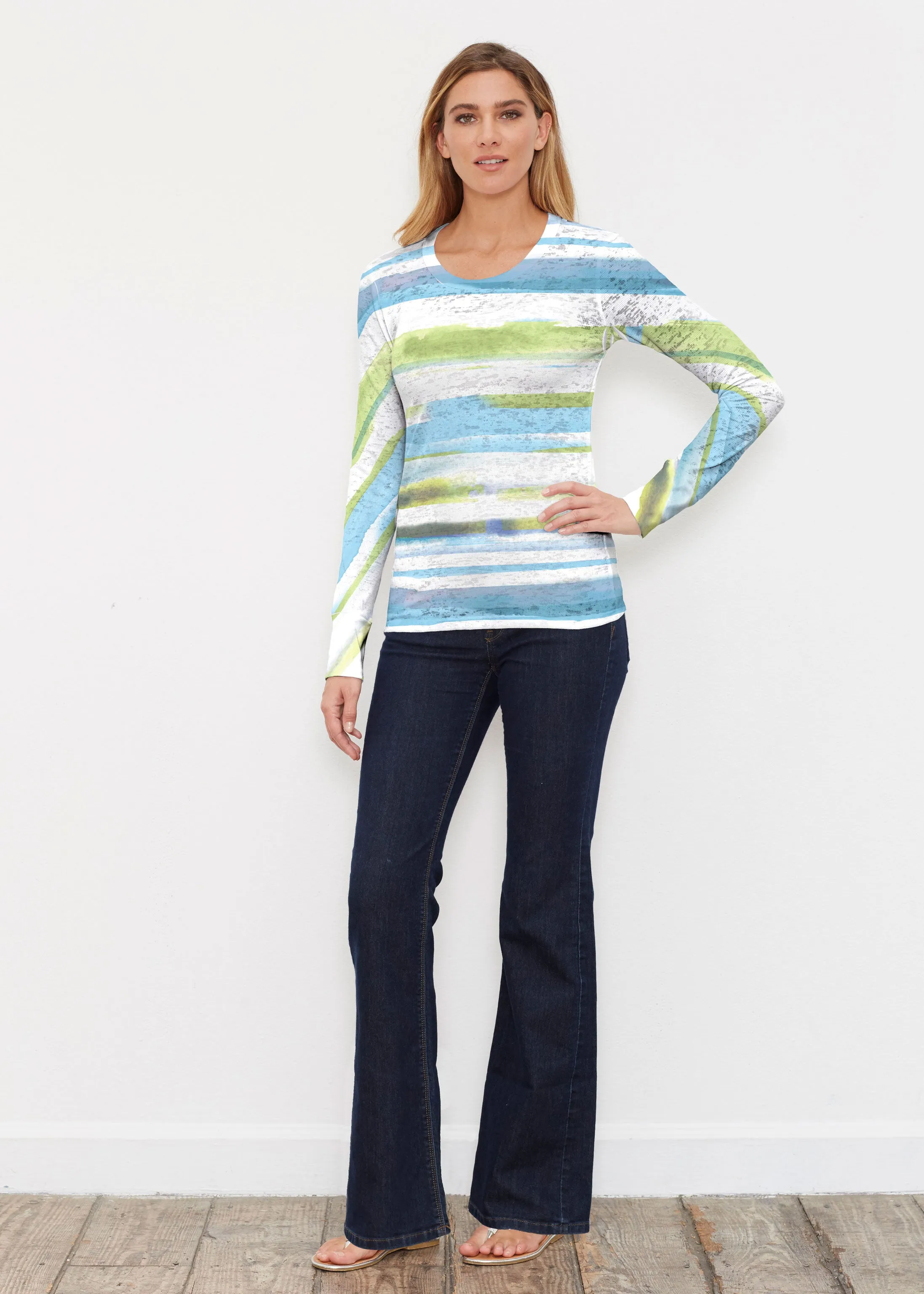 Multi Stripe Blue (7843) ~ Thermal Long Sleeve Crew Shirt