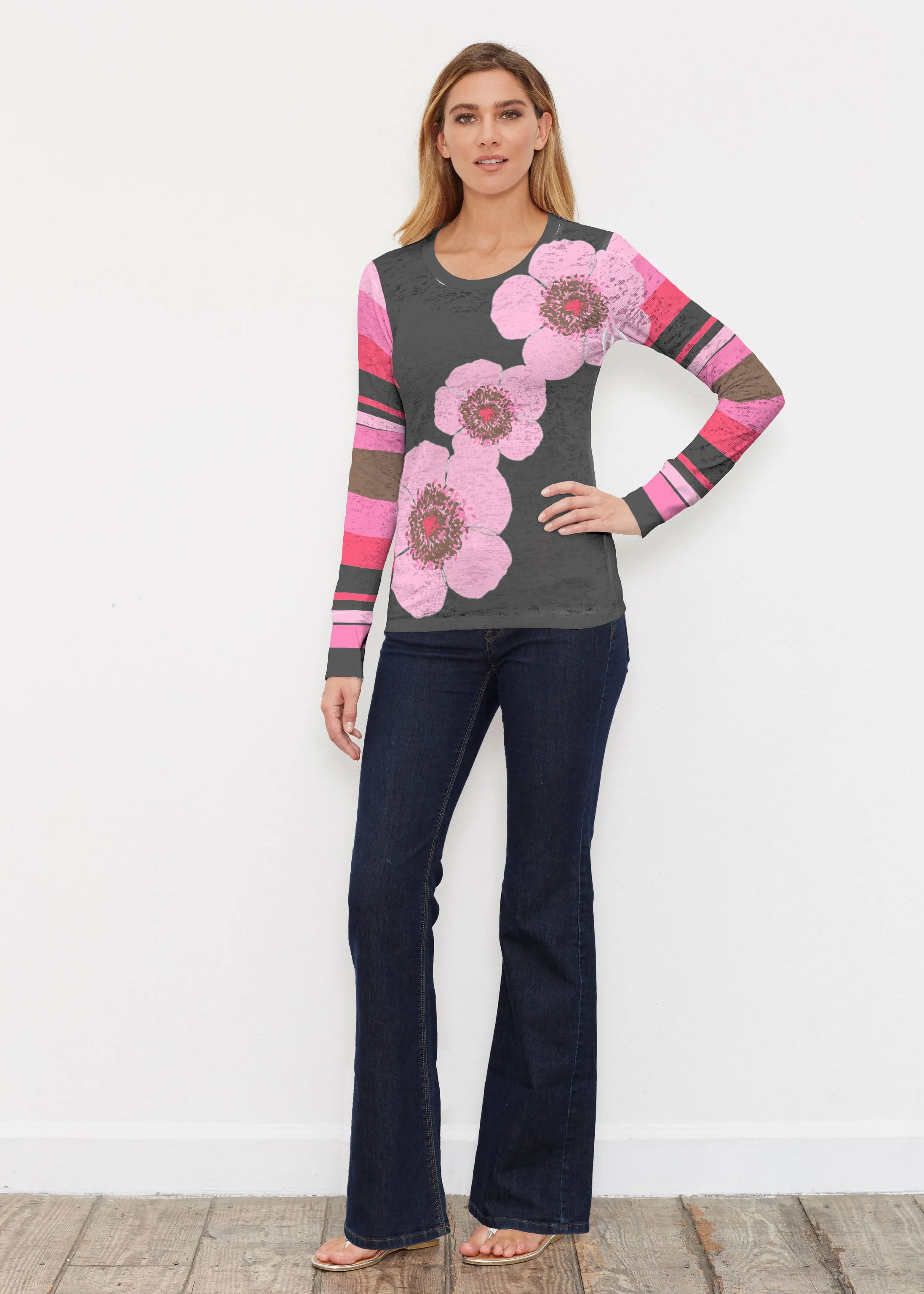 Poppy Black Stripes (7100) ~ Thermal Long Sleeve Crew Shirt