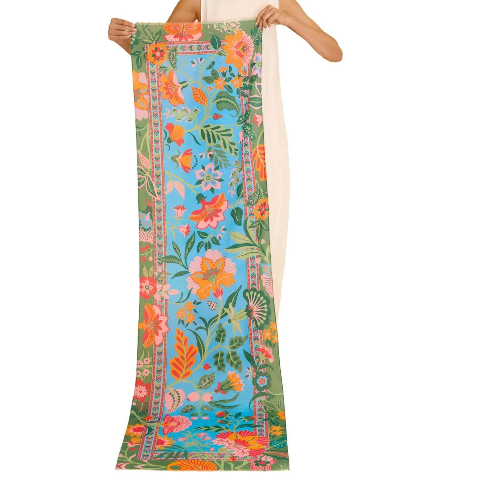 Powder Folky Floral Cotton Scarf - Turquoise