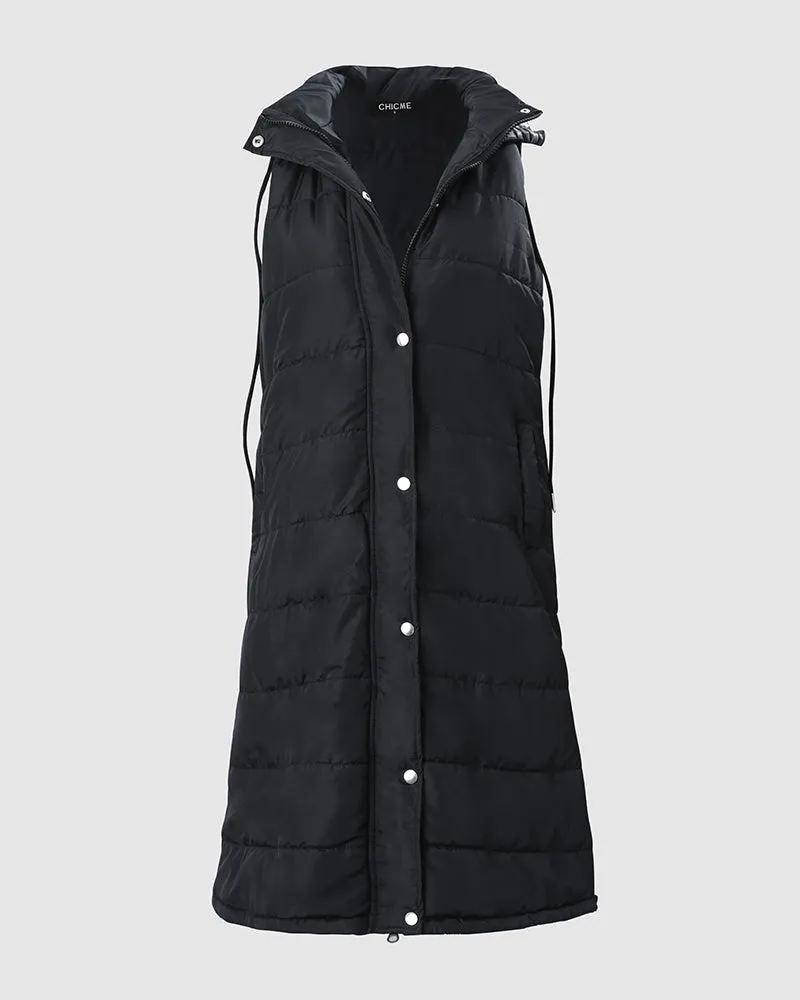 Sleeveless Pocket Button Design Hooded Gilet Puffer Jacket