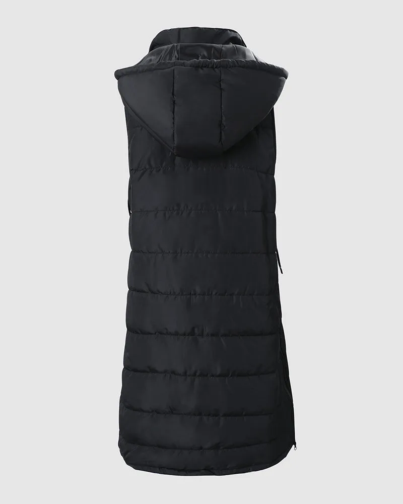 Sleeveless Pocket Button Design Hooded Gilet Puffer Jacket