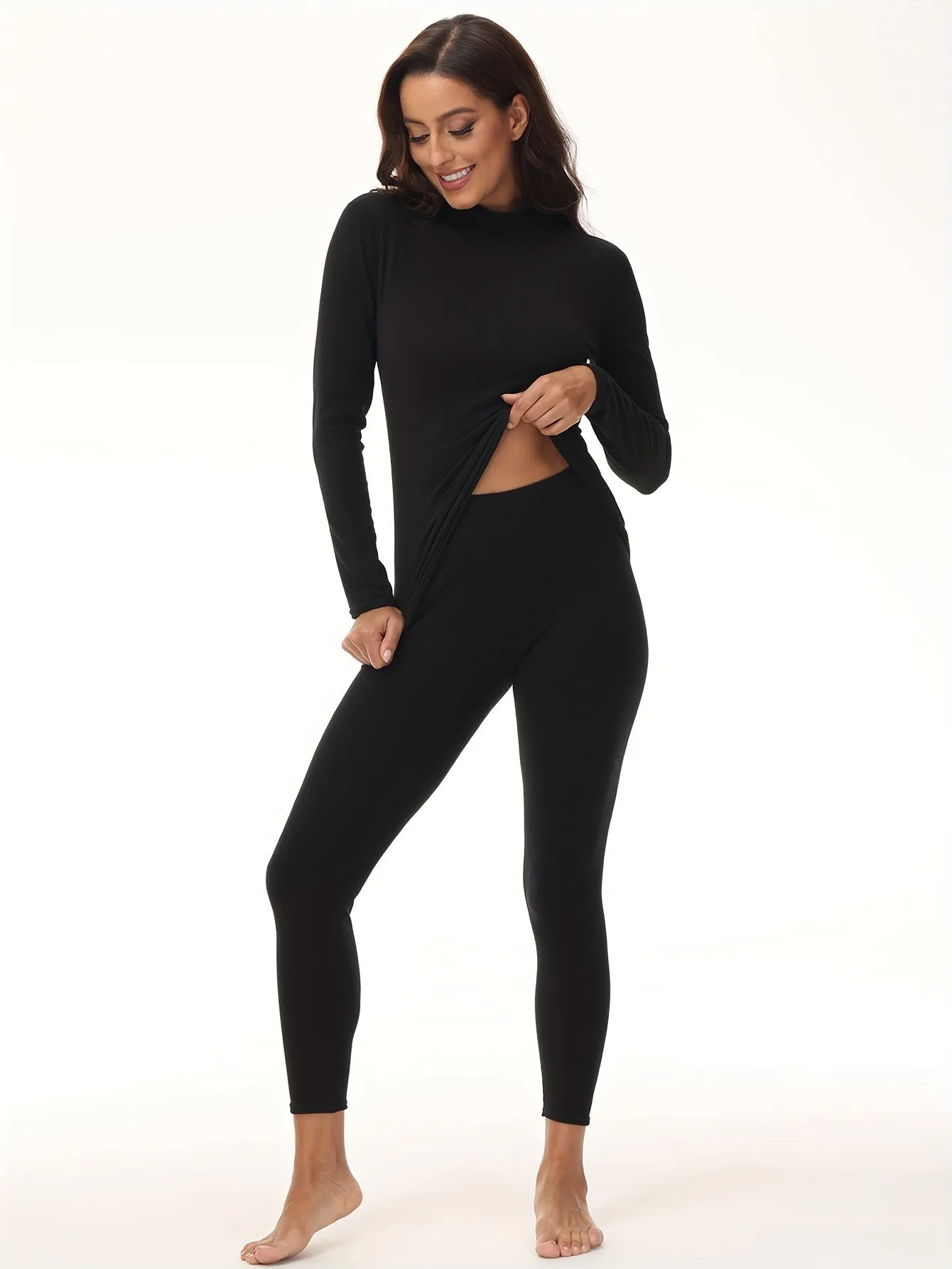 [Trending] Women's Cozy Thermal Underwear Set - Soft Polyester & Elastane Blend, Stretchy Long Sleeve Turtleneck Top & Leggings, Solid Color, No-Pad Comfort Fit, Knit Fabric, Machine Washable