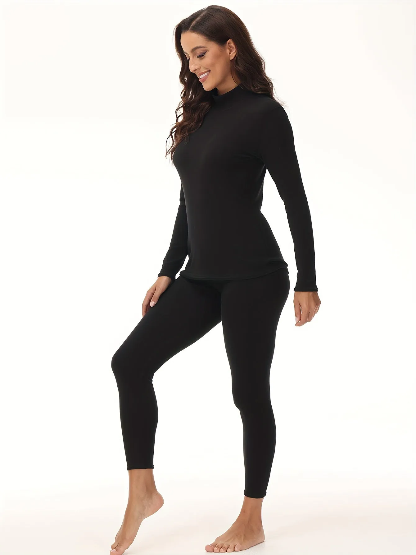 [Trending] Women's Cozy Thermal Underwear Set - Soft Polyester & Elastane Blend, Stretchy Long Sleeve Turtleneck Top & Leggings, Solid Color, No-Pad Comfort Fit, Knit Fabric, Machine Washable