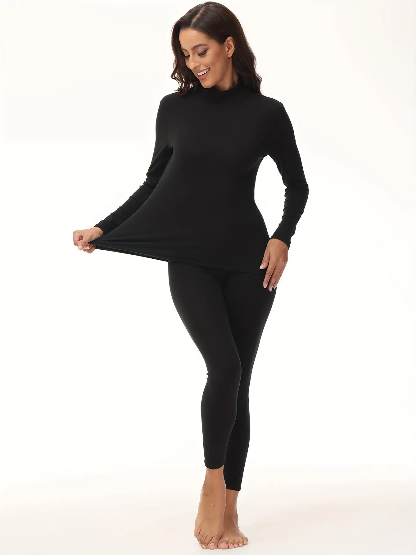 [Trending] Women's Cozy Thermal Underwear Set - Soft Polyester & Elastane Blend, Stretchy Long Sleeve Turtleneck Top & Leggings, Solid Color, No-Pad Comfort Fit, Knit Fabric, Machine Washable