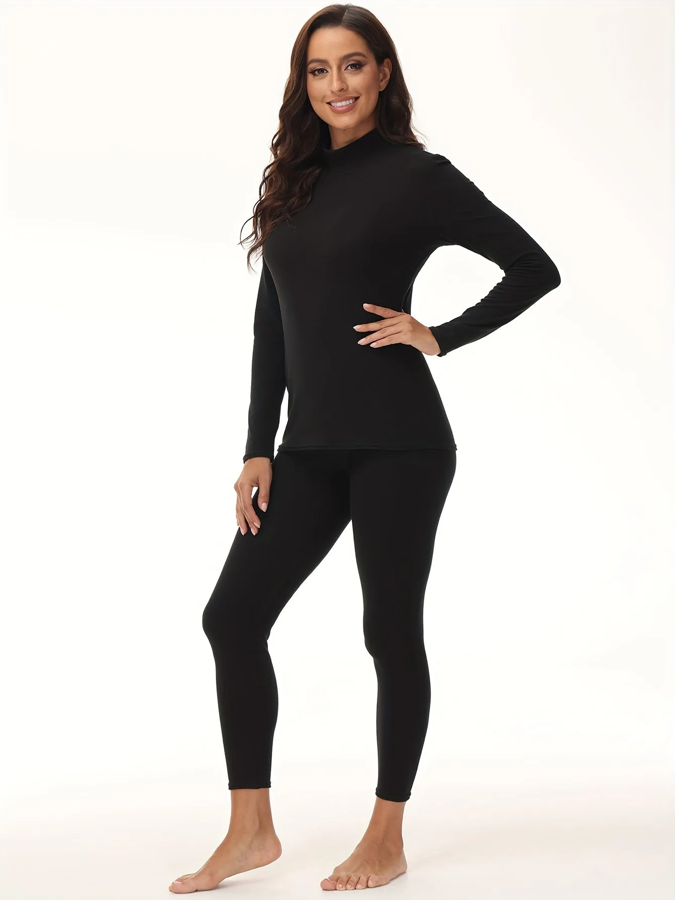 [Trending] Women's Cozy Thermal Underwear Set - Soft Polyester & Elastane Blend, Stretchy Long Sleeve Turtleneck Top & Leggings, Solid Color, No-Pad Comfort Fit, Knit Fabric, Machine Washable