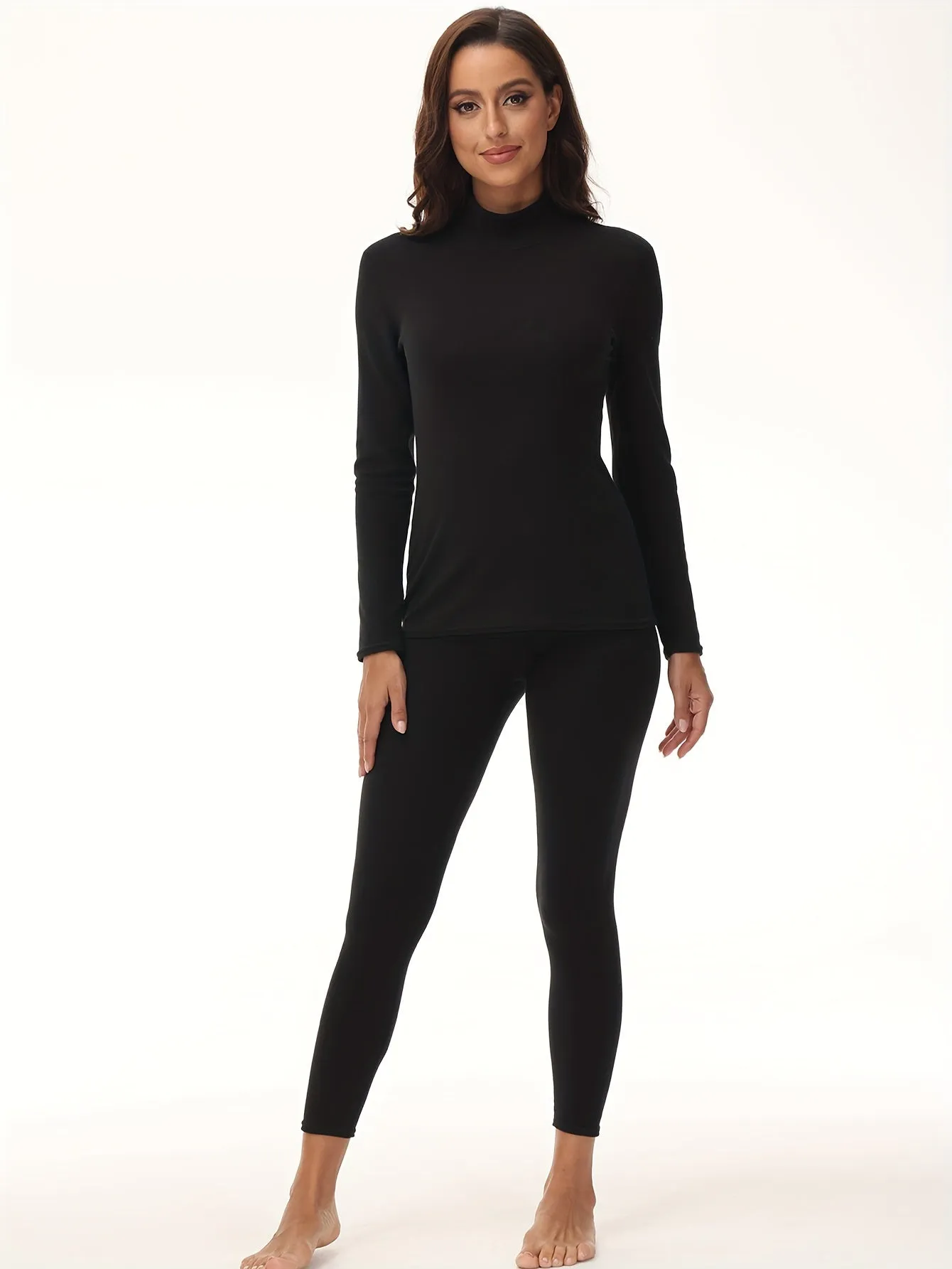 [Trending] Women's Cozy Thermal Underwear Set - Soft Polyester & Elastane Blend, Stretchy Long Sleeve Turtleneck Top & Leggings, Solid Color, No-Pad Comfort Fit, Knit Fabric, Machine Washable