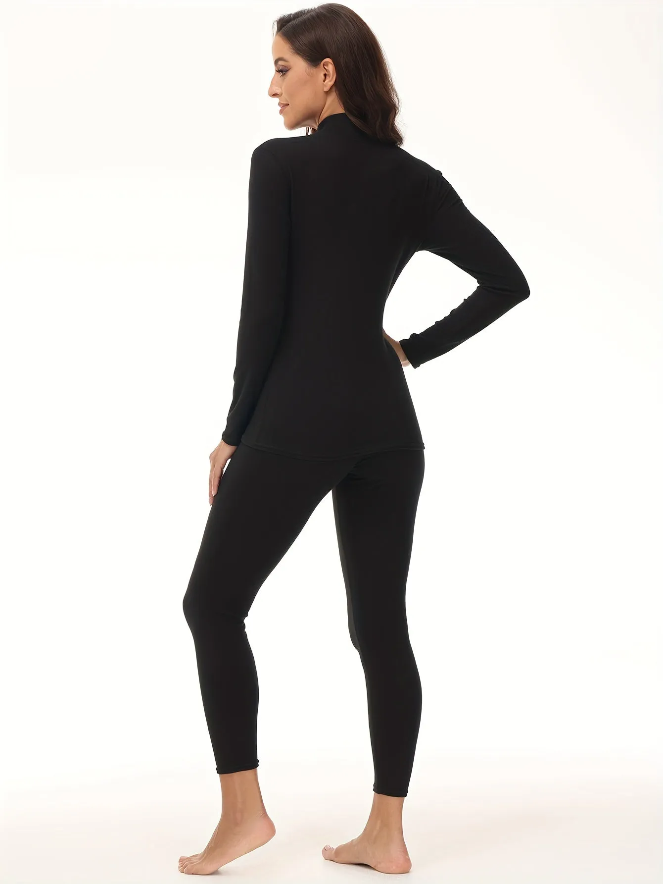 [Trending] Women's Cozy Thermal Underwear Set - Soft Polyester & Elastane Blend, Stretchy Long Sleeve Turtleneck Top & Leggings, Solid Color, No-Pad Comfort Fit, Knit Fabric, Machine Washable