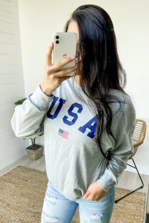 USA Long Sleeve Pullover Top- Grey