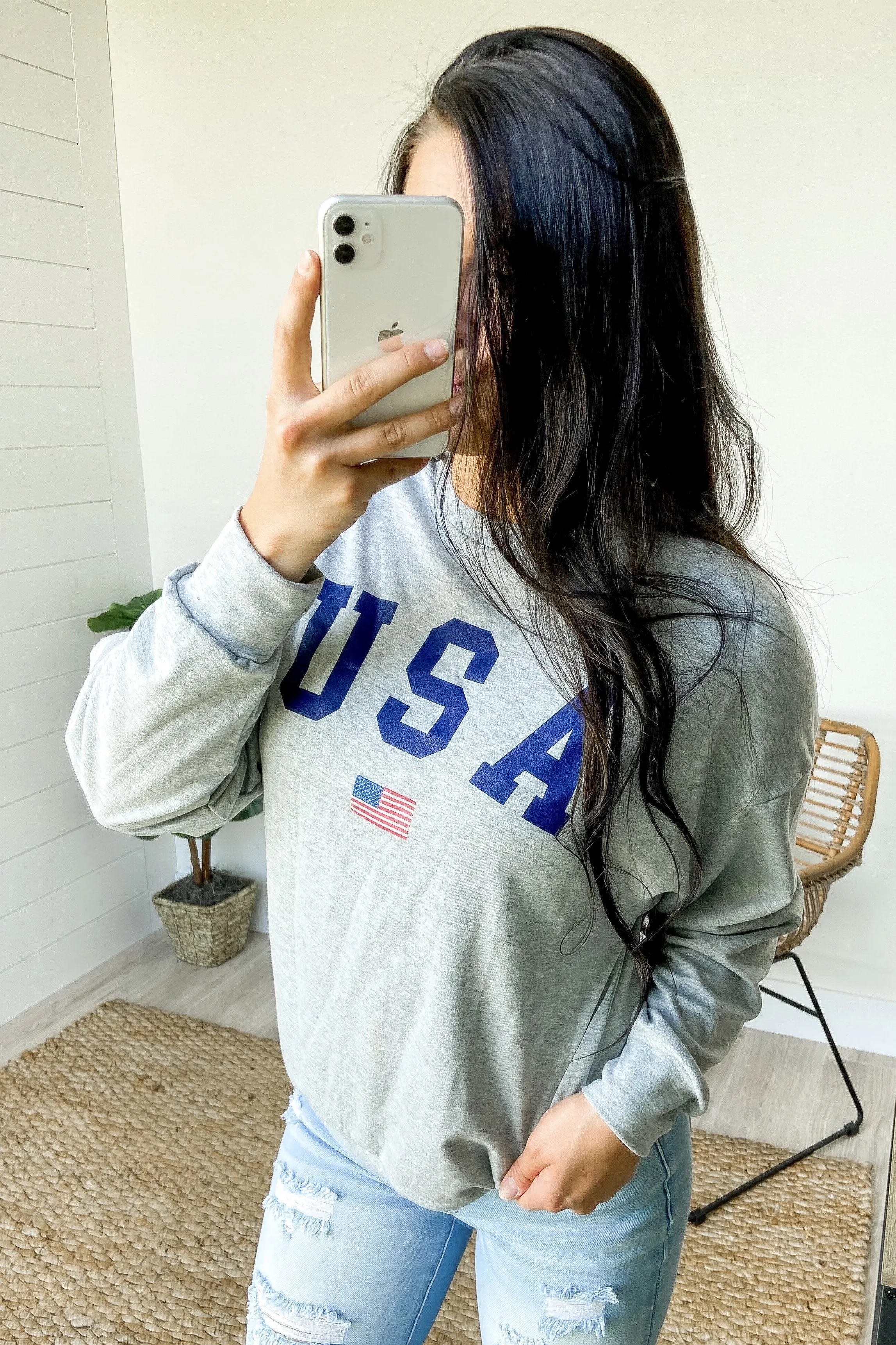 USA Long Sleeve Pullover Top- Grey