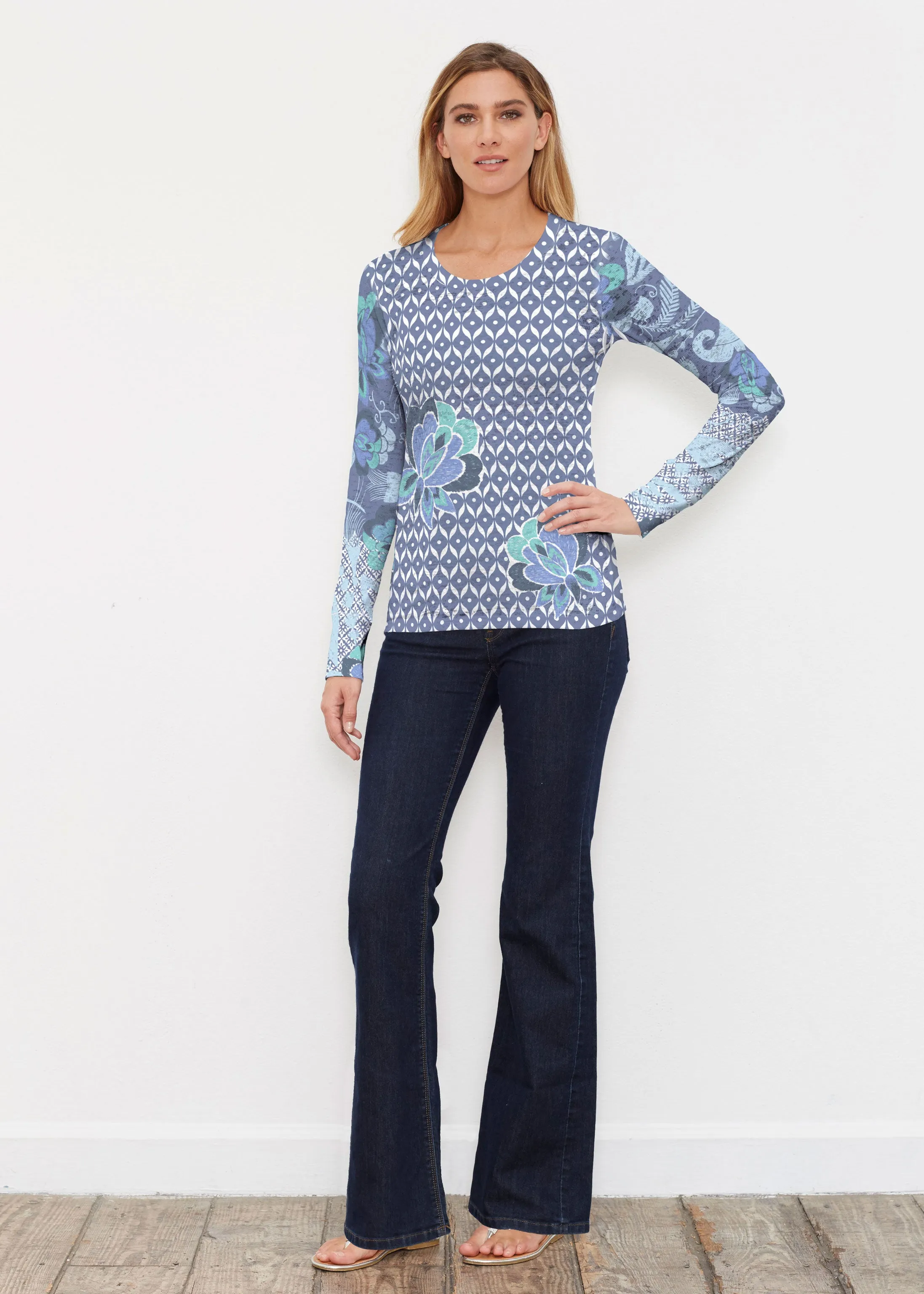 Vintage Blooms Blue (8060) ~ Thermal Long Sleeve Crew Shirt