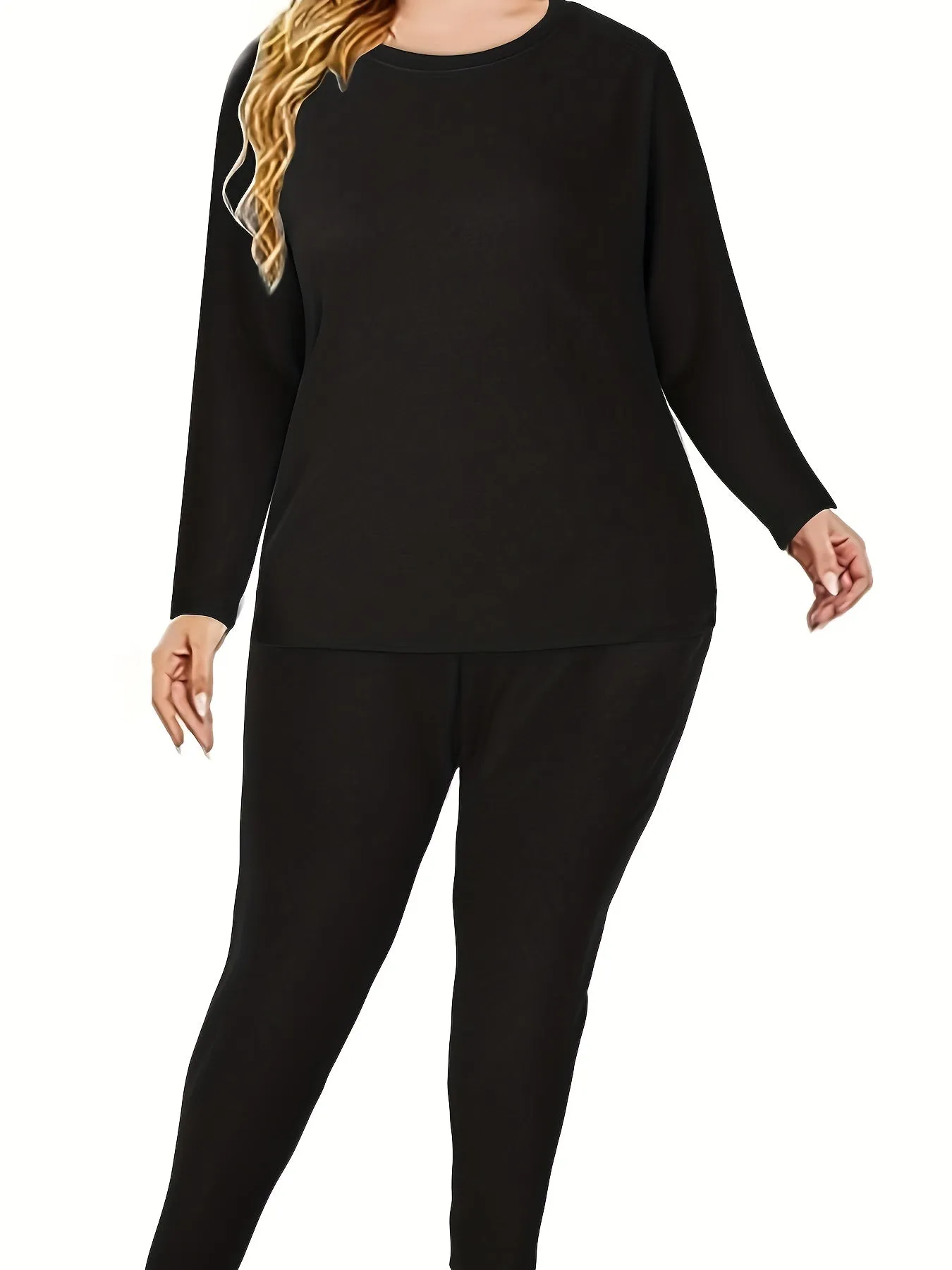 Women's Simple Thermal Underwear Set, Plus Size Solid Long Sleeve Slim Fit Base Layer Top & Leggings Thermal 2 Piece Set