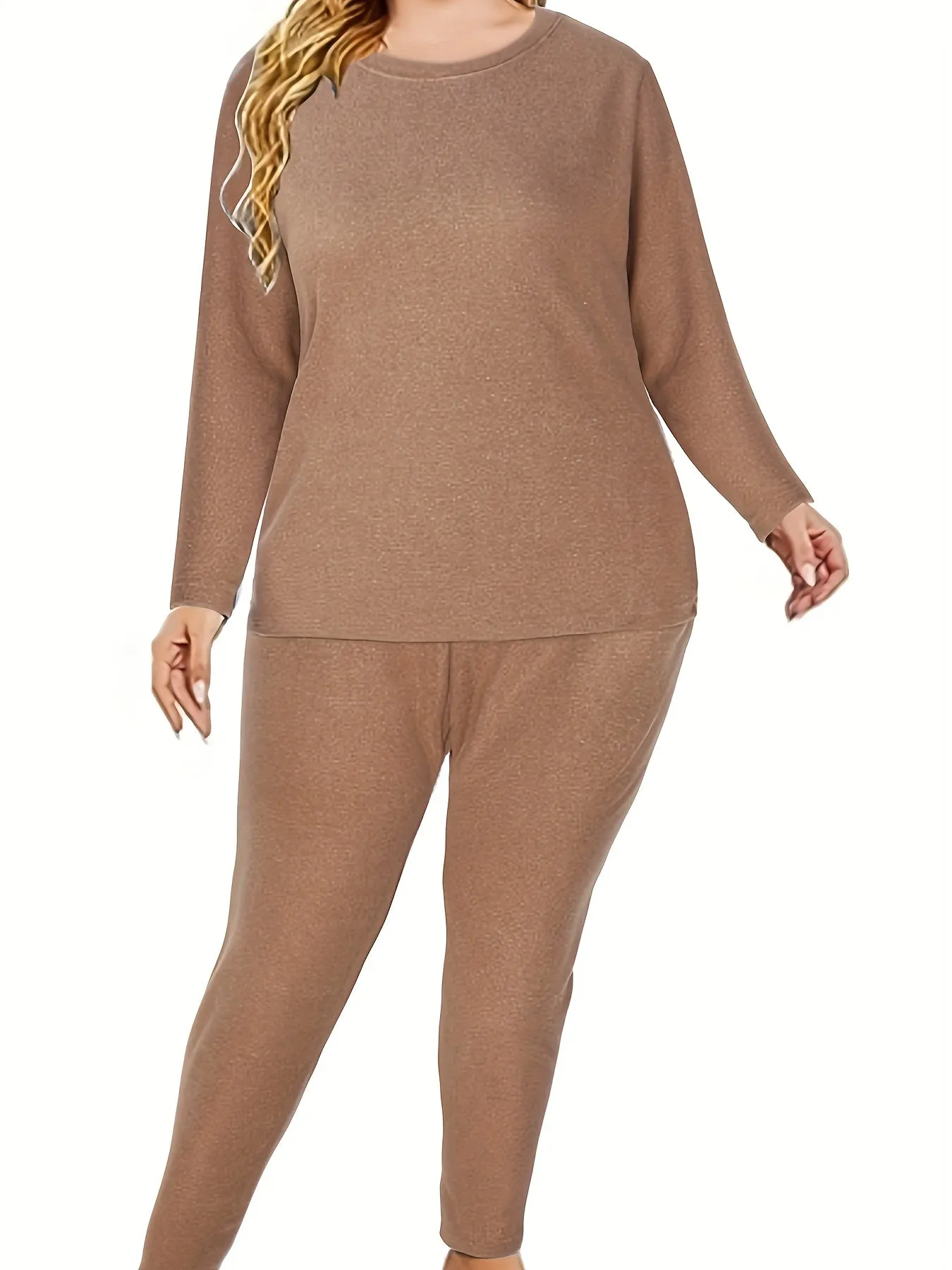 Women's Simple Thermal Underwear Set, Plus Size Solid Long Sleeve Slim Fit Base Layer Top & Leggings Thermal 2 Piece Set