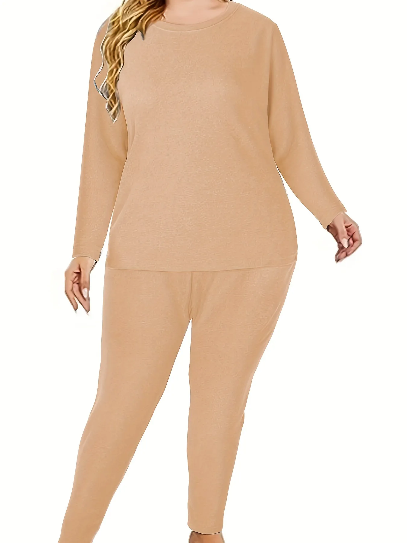 Women's Simple Thermal Underwear Set, Plus Size Solid Long Sleeve Slim Fit Base Layer Top & Leggings Thermal 2 Piece Set