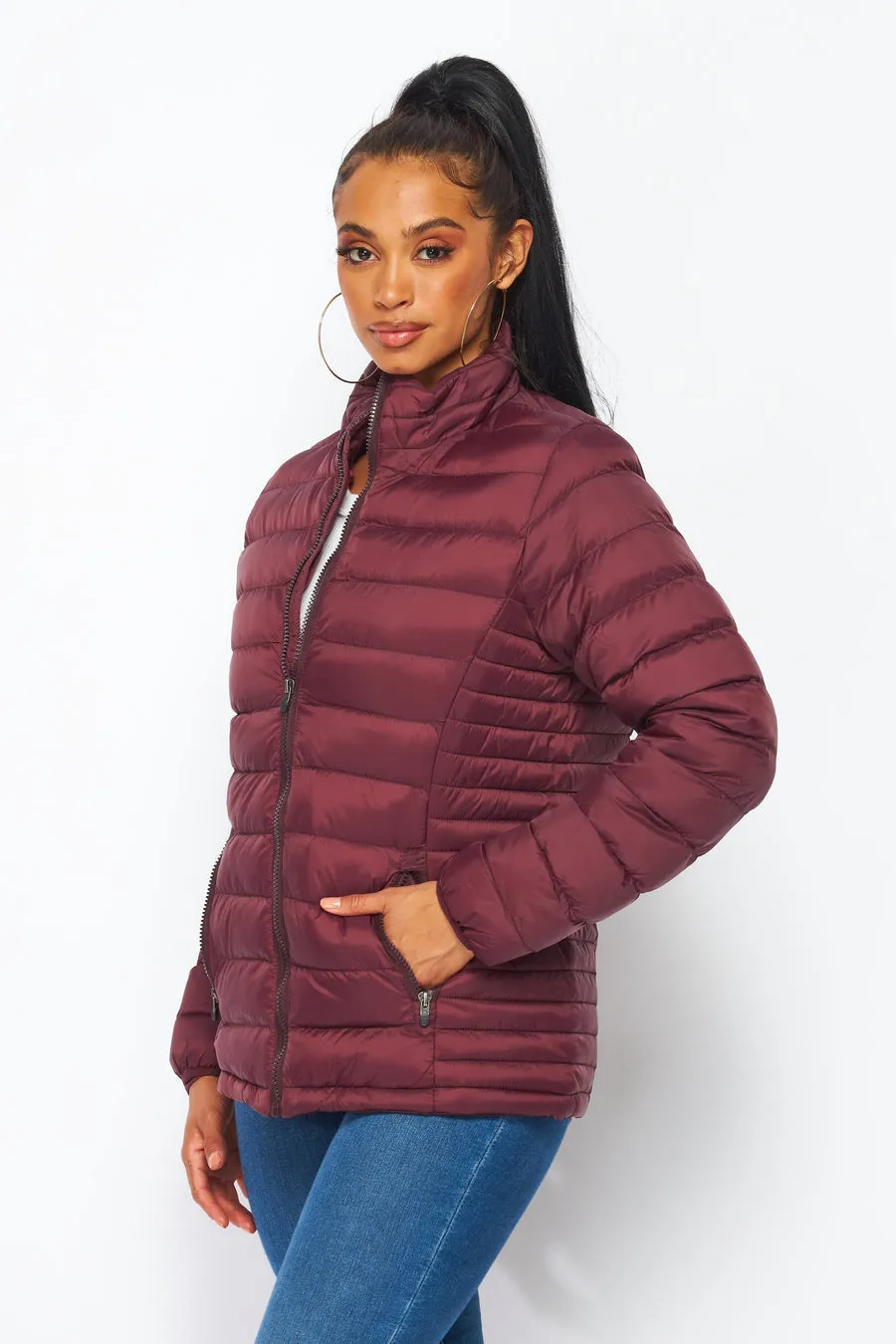 Women's Soft Coated Winter Puffer Jackets-LJ640 -BURGUNDY